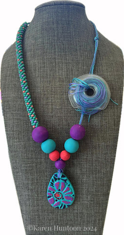 "**8-Strand Beaded Kumihimo "Spot" Necklace with Handpainted Flower Pendant & Accent Beads" - TGC