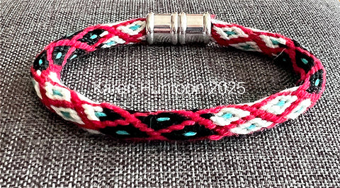 "16 strand Kongoh Gumi Bracelet with Continuous Diamond Pattern and Changing Colors" - Black, Red, White, Turquoise