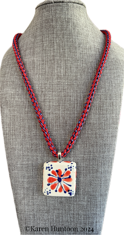 "***Kusari Tsunagi Soutache Braided Necklace with Handpainted San Miguel de Allende Tile Pendant" - Red Flower & Navy Center