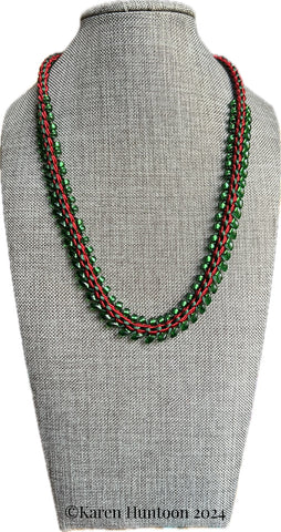 "****8-strand Kusari Tsunagi Soutache & Satin  Magatama Fringe Necklace Kit - Silver Lined Green